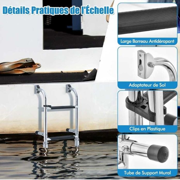 Escada dobrável nova para piscina com 4 degraus em aço inoxidável