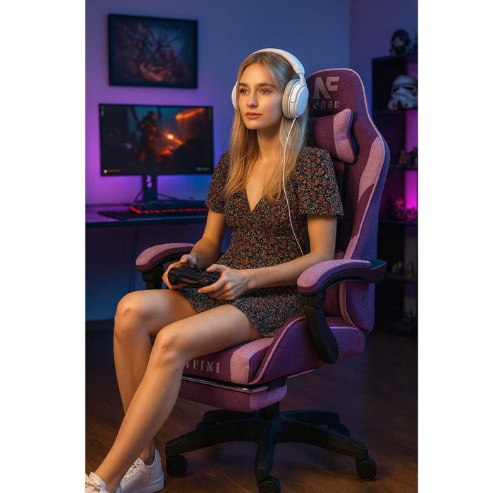 Fotel Gamingowy INFINI Core Purple z tkaniny, podnóżek