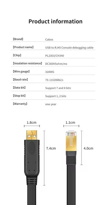 Cabo Consola 3m USB RS232 CH340 RJ45 PC, Adaptador Serial