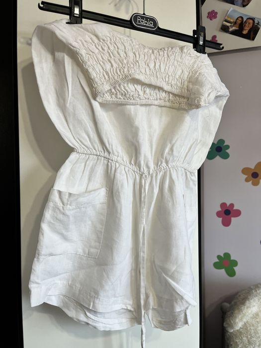 lniany biały kombinezon spodnium krótkie spodenki z kieszeniami xs