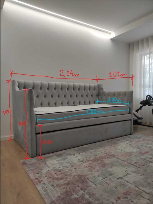 Cama de solteiro com gavetão, estofada a veludo + 1 Colchão