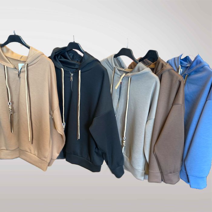 Bluza Damska Z Kapturem Na Suwak Kieszenie Szary