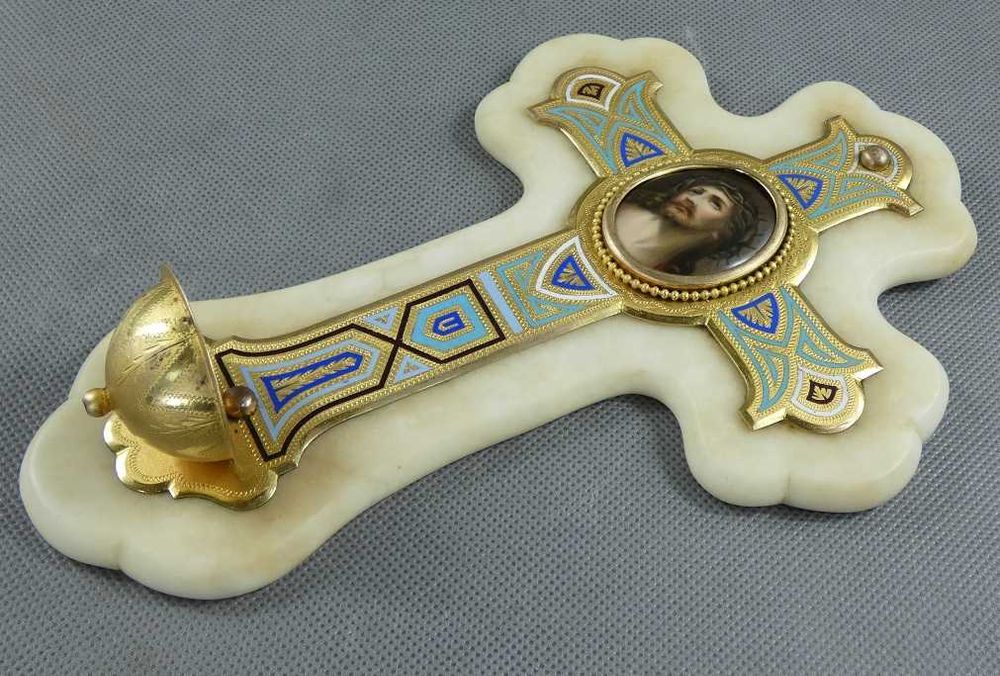 KROPIELNICA krzyż alabaster emalia JEZUS porcelana 25 cm