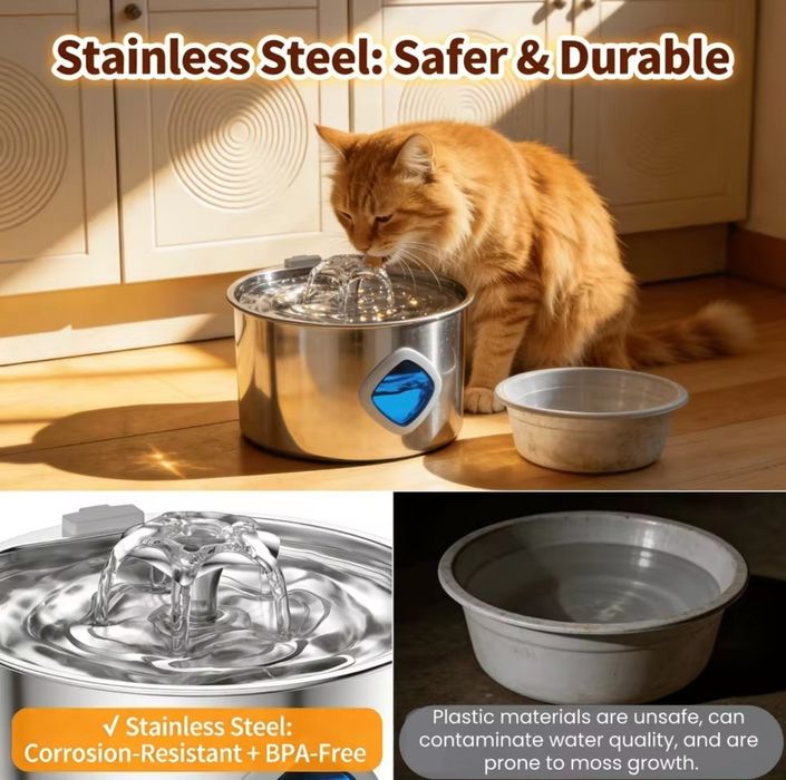 Тихий гарний фонтан для котика 3.2 л нержавіюча сталь.