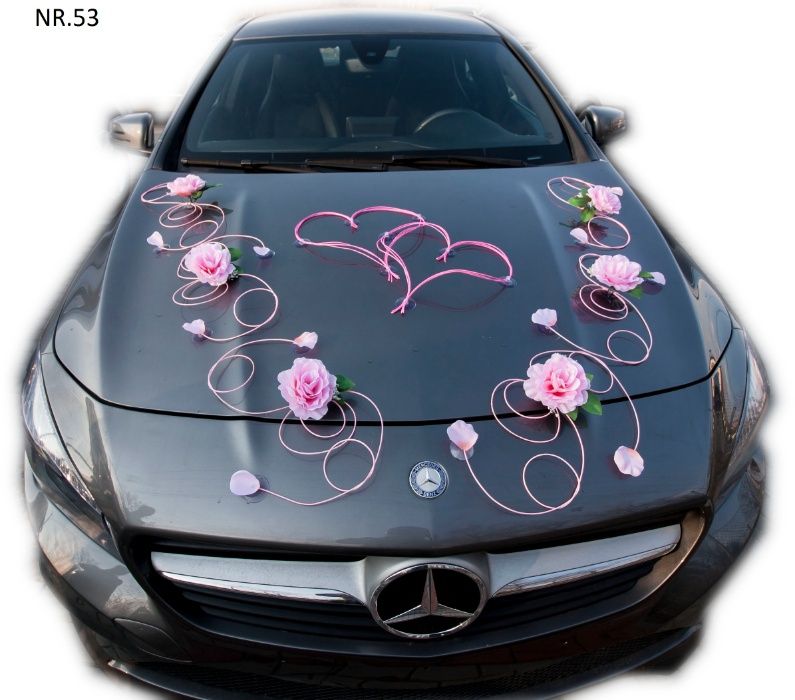 Duże kwiaty pudrowy róż + serca + kokardy na samochód-ozdoba 053