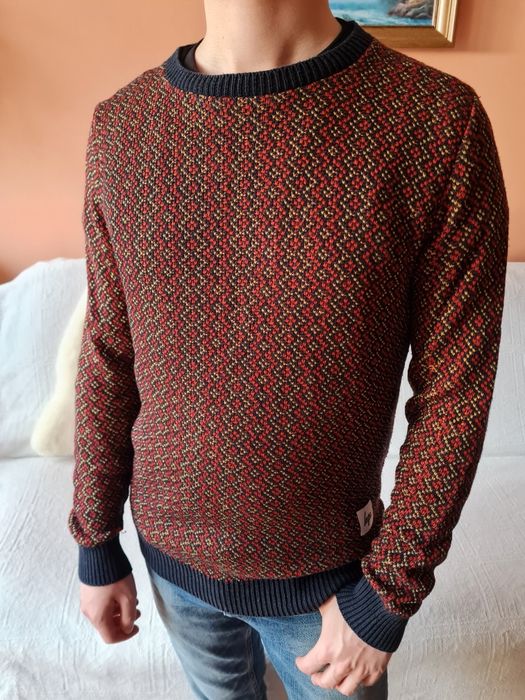 Sweter cardigan męski zimowy vintage wzorzysty lata 80 hype granatowy