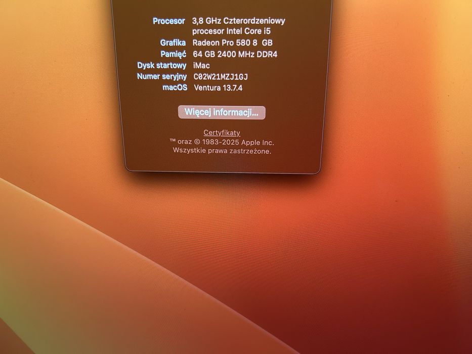 Apple iMac 27 5k 3.8GHz 64GB 2TB Fusion Radeon 8GB