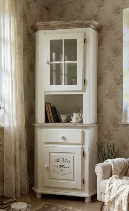 Kredens narożny prowansalski, kredens narożny cottagecore, kredens narożny shabby chic, witryna narożna