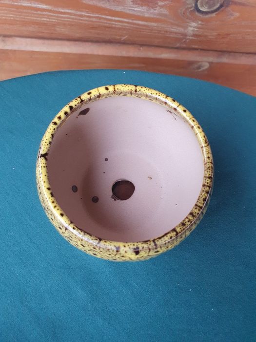 Żółta doniczka ceramiczna z przytwierdzoną podstawką