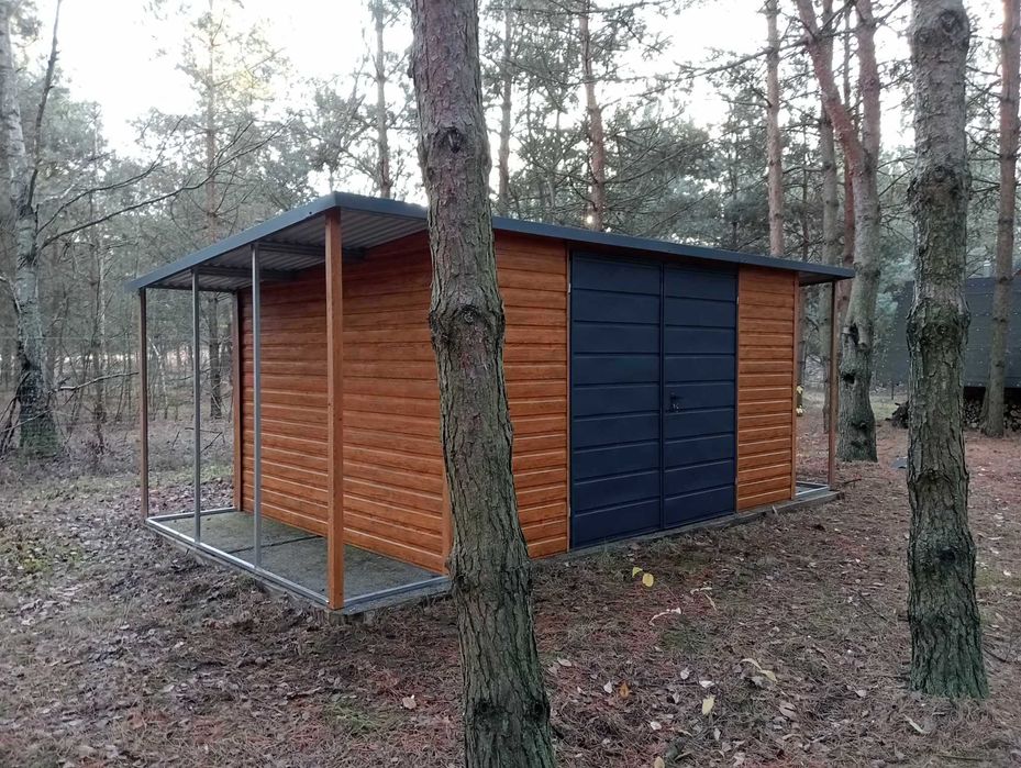 Domek ogrodowy 4x3m + wiatka 1×3 + 1×3m- złoty dąb/ ciemny grafit mat