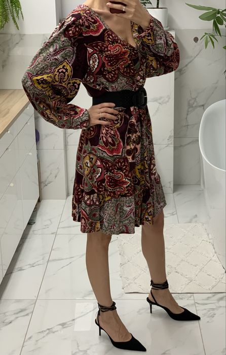 Sukienka kolorowa paisley boho etno bufiaste rekawy wiskoza 40 42
