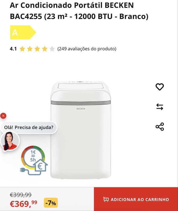 Ar Condicionado Portátil BECKEN BAC4255 (23 m² - 12000 BTU - Branco)