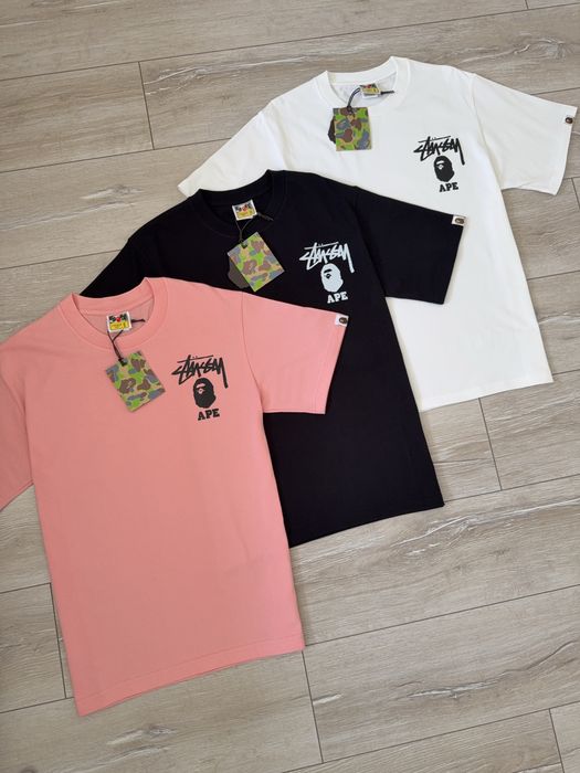 Футболка стусі & бейп / футболка stussy & Bape рожева