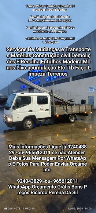 Serviços de mudança E transportes materiais construção civil Faço Demolição Recolha de Entulho limpeza Terrenos