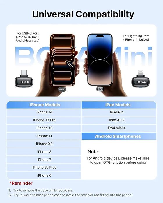 Петличні мікрофони Boya Mini Type-C, Lightning