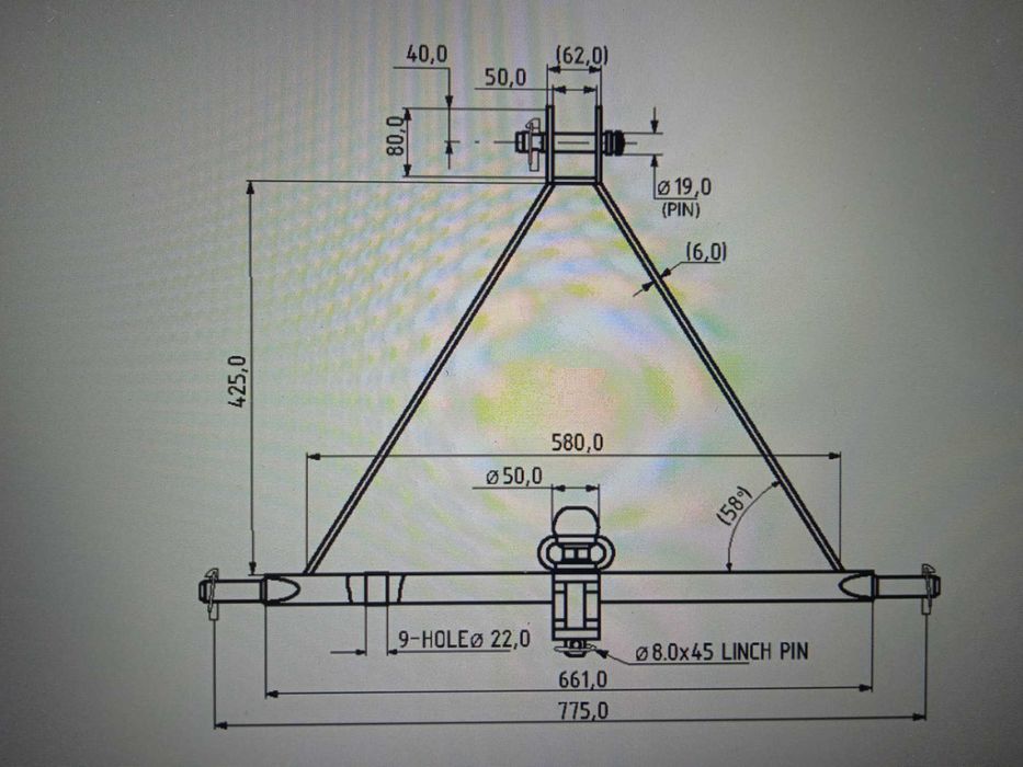 Triangulo com bola e cavilha de reboque para os 3 pontos do trator