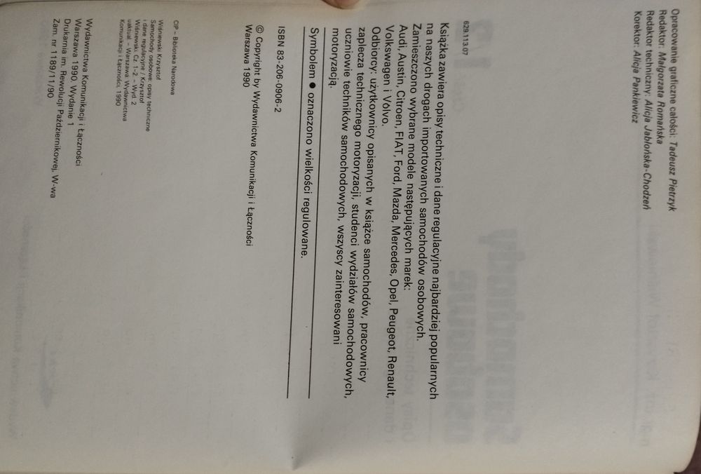 Samochody osobowe. Opisy techniczne i dane regulacyjne. 1/2