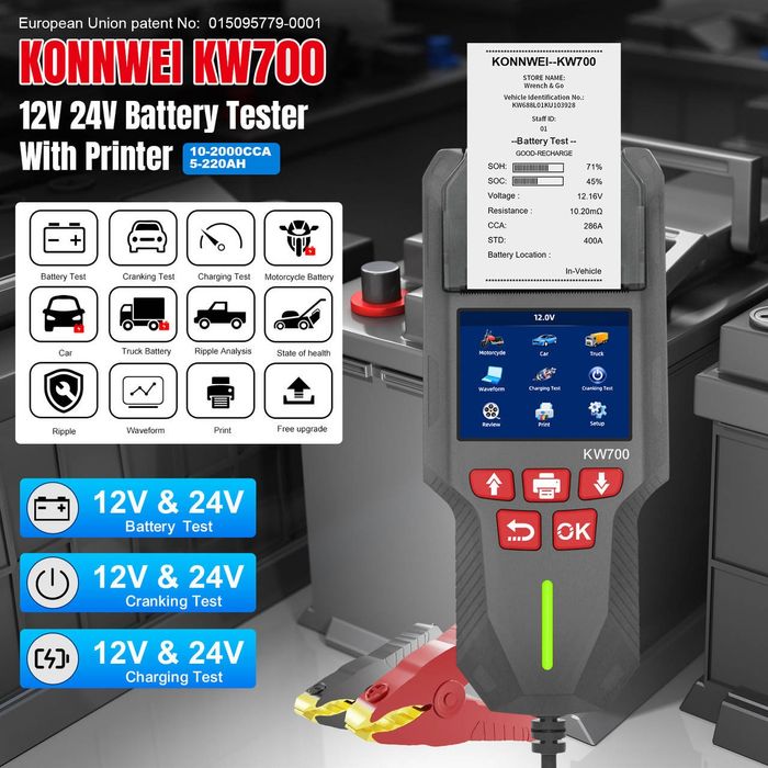 Тестер АКБ KONNWEI KW700(12-24V) з LiFePO4 (Lithium) З принтером