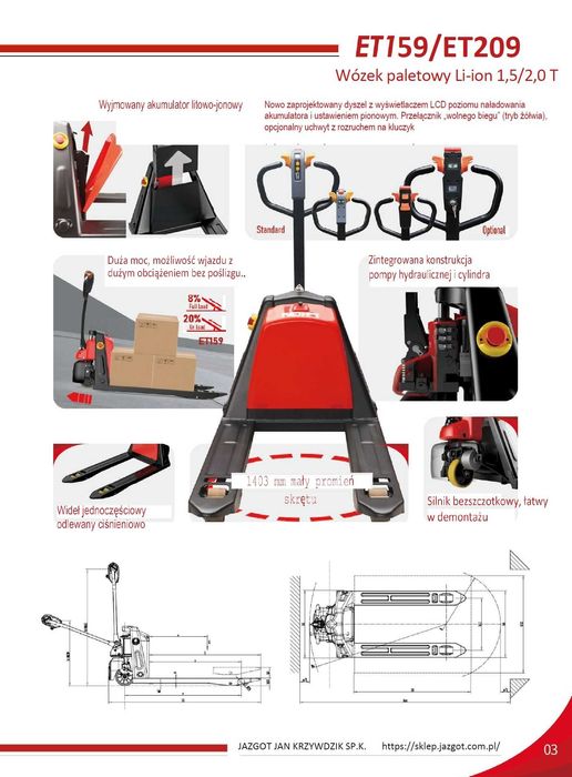 Wózek paletowy elektryczny 1500kg JAZGOT ET159 DŁ. 1150mm 48V NOWOŚĆ
