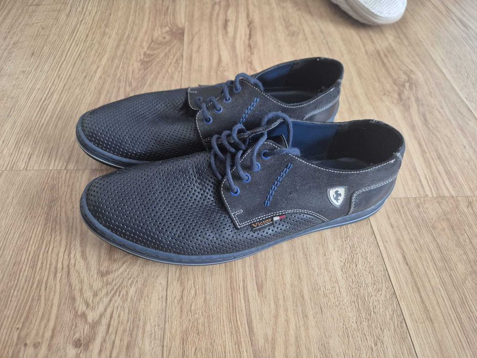 Buty Skórzane Męskie Półbuty Pantofle Mokasyny Pikolaki Wizytowe Wesele Eleganckie do Garnituru Jeansów Granatowe Niebieskie Jak Nowe Skóra rozm 41/42