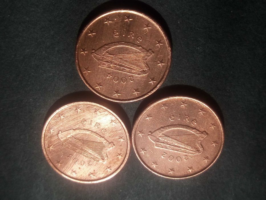 3 moedas de 2 cêntimos dos anos de 2002/03/04 de EIRE muito raras