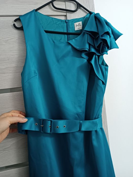 Turkusowa satynowa mini elegancka z paskiem rozmiar S