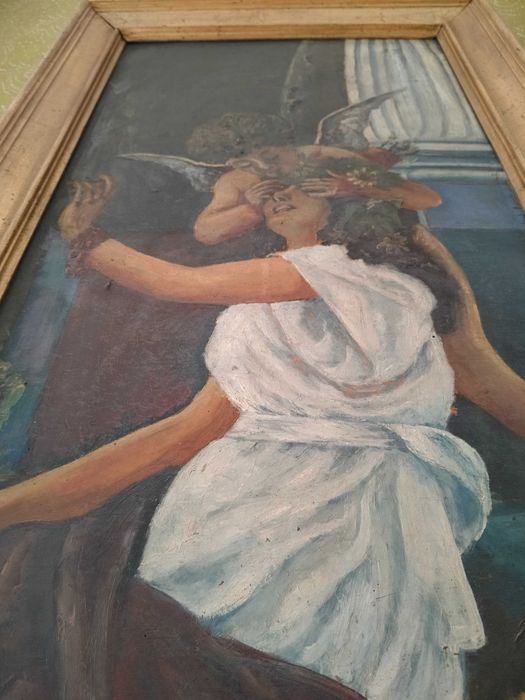 Stary obraz olejny w złotej ramie, anioł i kobieta (60x110cm)