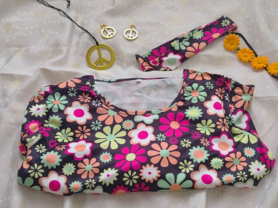 Strój przebranie hippie hipis hipiska lata 60/70 pięć części roz XL