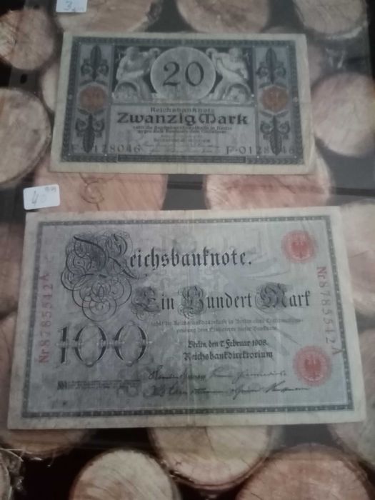 ALEMANHA REICHSBANKNOTE 2 Notas 1 de 20 Mark de 1915 outra de 100 Mark de 1908 em ótimo estado de conservação MBC, com selo vermelho, ver as fotos