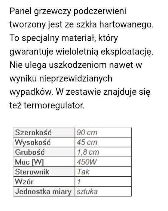 Grzejnik/panel grzewczy na podczerwień szklany 450w Termofol