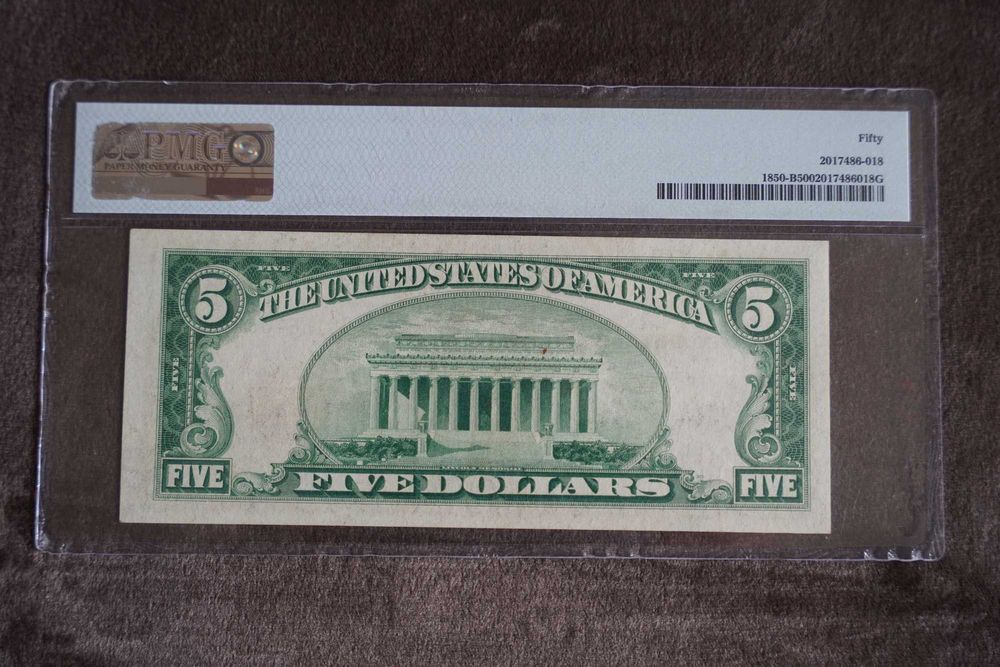 5 dolarów USA 1929 NEW YORK Grading PMG Nota 50 AU Piękny