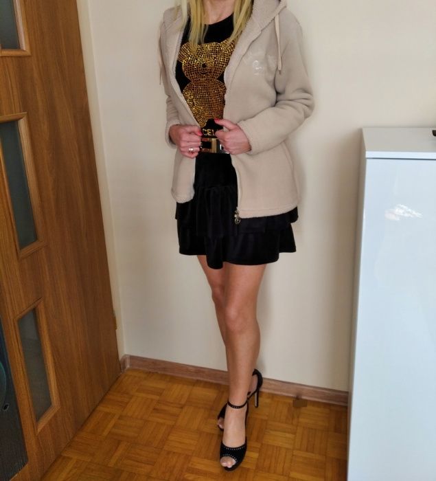 CUDNA kurtka damska kożuszek kremowy kaptur zamek L XL GRATIS WYSYŁKA