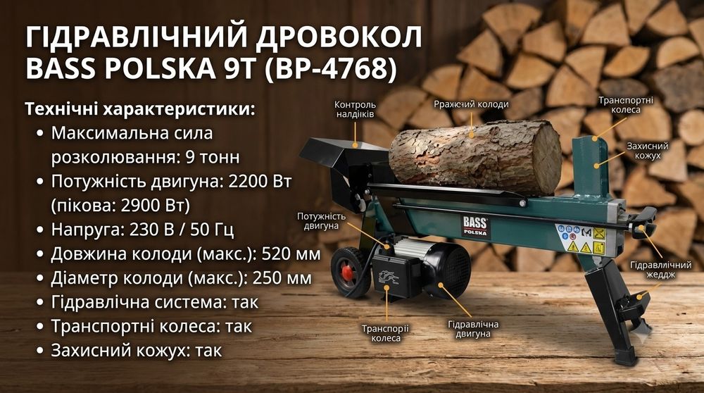 Гідравлічний дровокол Bass Polska 9T дроворуб колун електричний дровокол, электродровокол для дому дома дачи бани майстерні мастерской