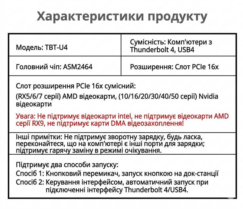 eGPU-адаптер для відеокарти TBT-U4 Thunderbolt/USB 4 ATX24 pin, 40Gbit