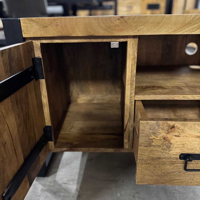 Loftowa szafka rtv egzotyczne drewno mango seria Britt 140cm nowa F-V