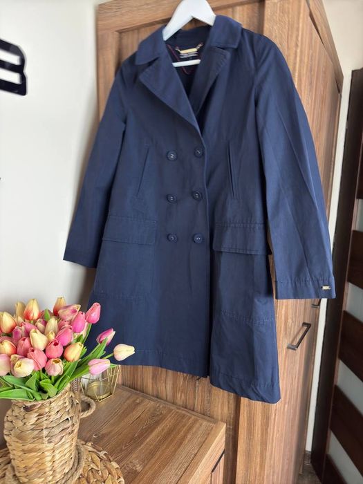 Damski trencz płaszcz granatowy Tommy Hilfiger S klasyczny do kolan