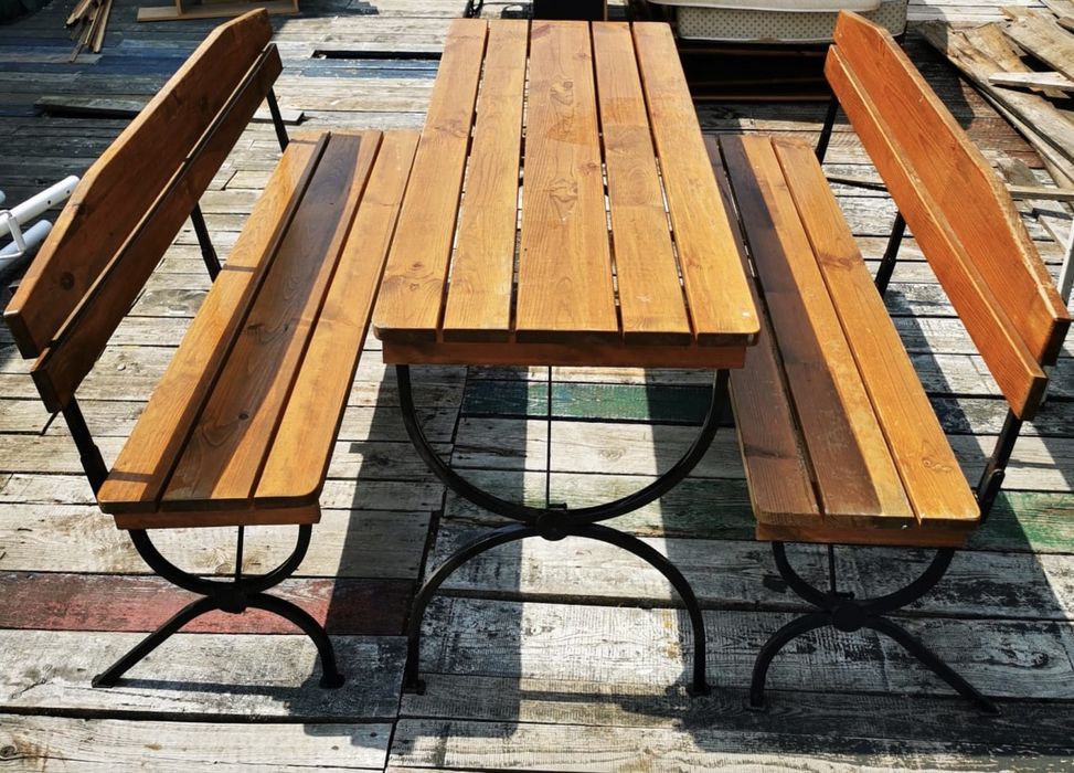 Zestaw ogrodowy składany – stół + 2 ławki – drewno i metal
