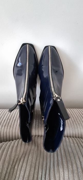 Granatowe lakierowane damskie botki 39 40 Kordel