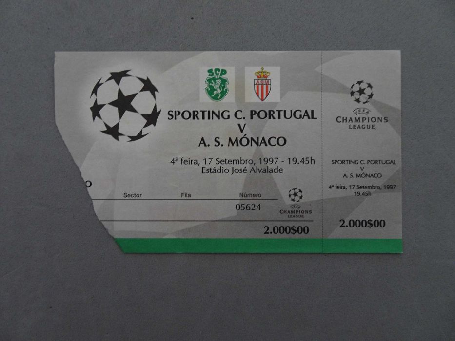 Bilhete futebol Sporting Mónaco Champions League 17 Setembro 1997
