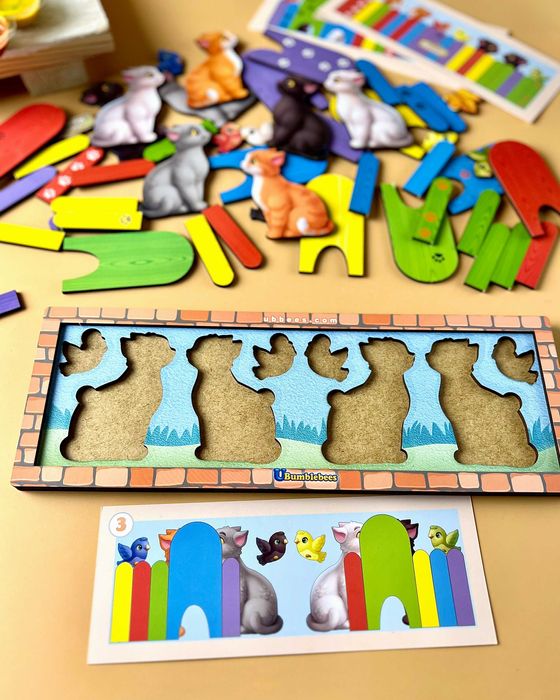 Drewniana edukacyjna gra z kartami «Koty za płotem»
