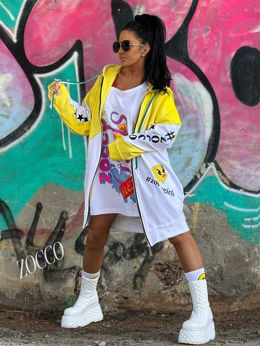 ZOCCO Długa bluza z dużym kapturem na zamku ŻÓŁTA