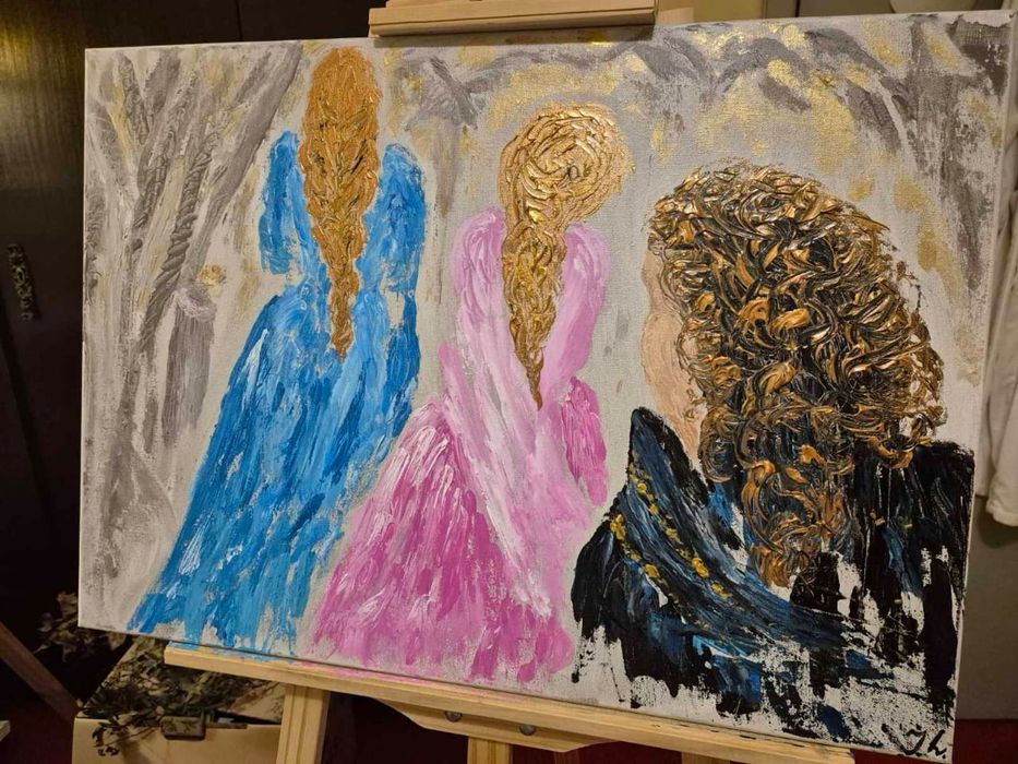 Pintura  "Raparigas num Passeio", Iryna Lyashenko, Tela 50 x 70, Acríl