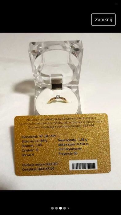 Złoty pierścionek z brylantem diamentem 0,15 ct Certyfikat r.13 8K