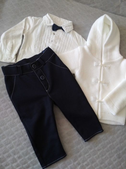 Komplet chłopię chrzest r.74 Body spodnie sweter kaptur wiosna Artex