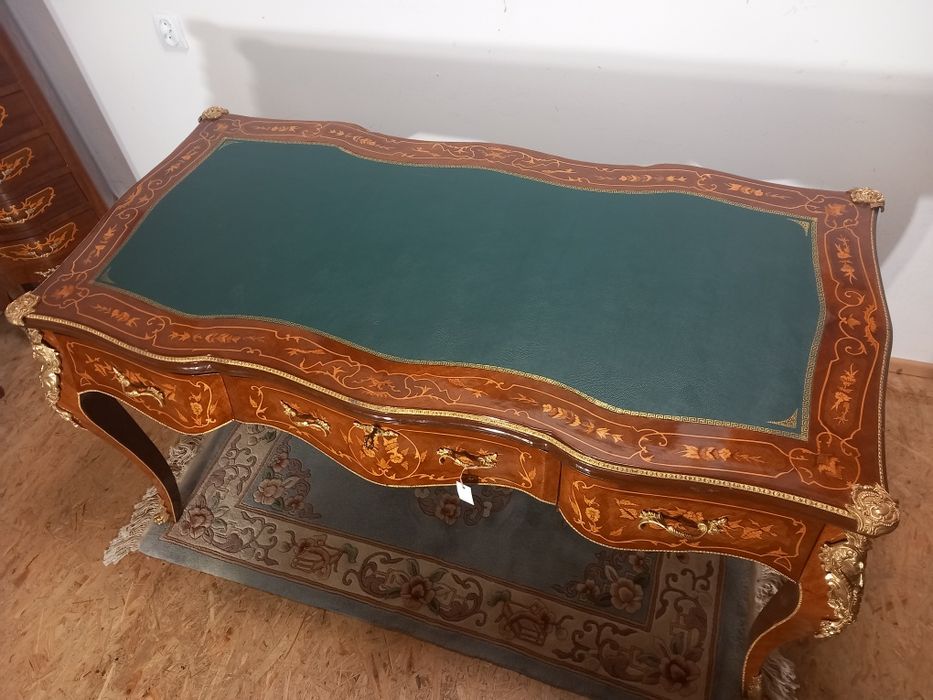 Duże antyczne biurko w stylu francuskim intarsja mosiądz bardzo zdobne