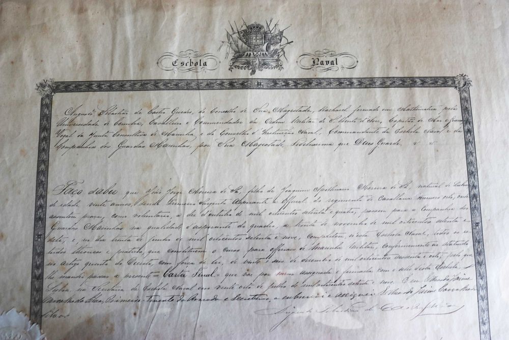 Diploma da Escola Naval 1868 João J. Moreira de Sá (Iate Amélia)