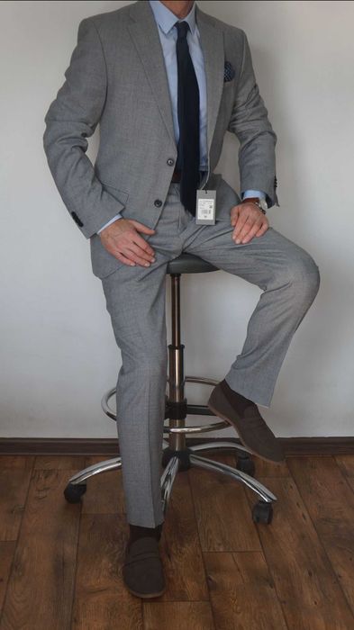 Nowy Garnitur Pierre Cardin 50 Modern Fit Wełna Szary Popielaty Krata