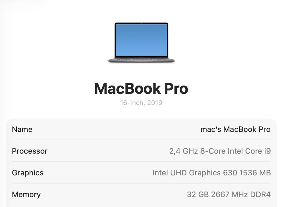 MacBook Pro 16 2019 Intel i9 32GB RAM 1TB SSD