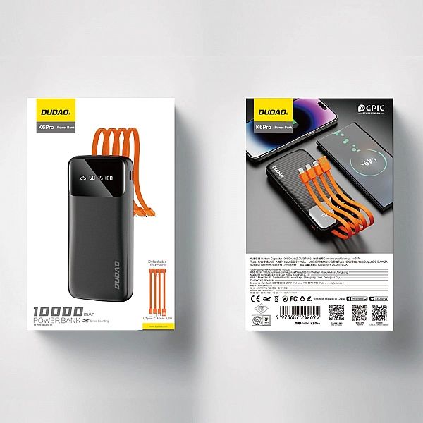Dudao K6Pro uniwersalny powerbank 10000mAh z kablem USB, USB Typ C, Li