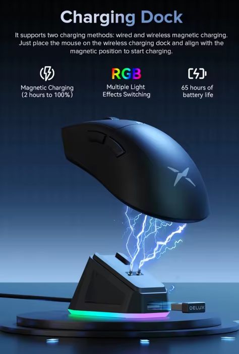 Геймер мышка с станцией Delux m900 ,PAW3311,Black,400mah,63g,ПО#